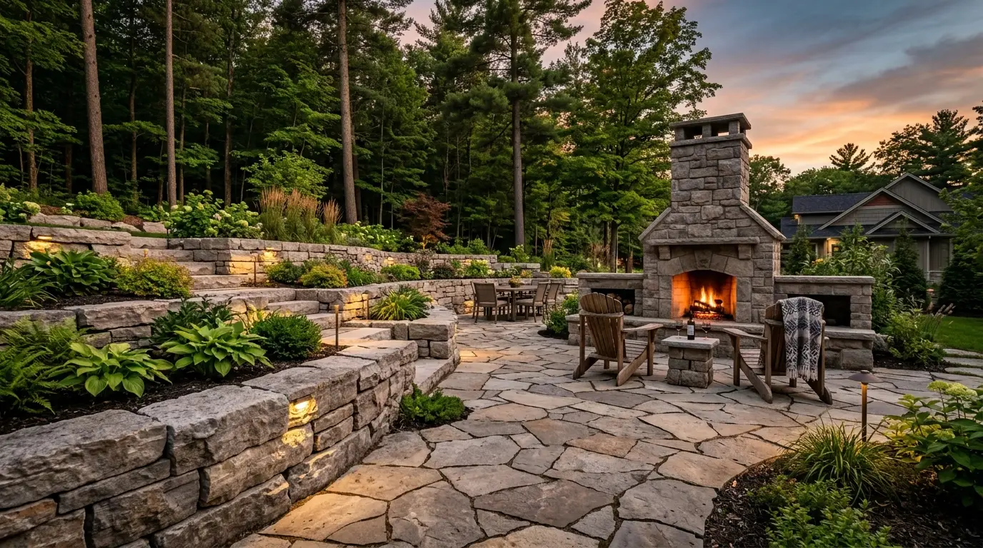 Luxury tiered retaining wall with integrated lighting