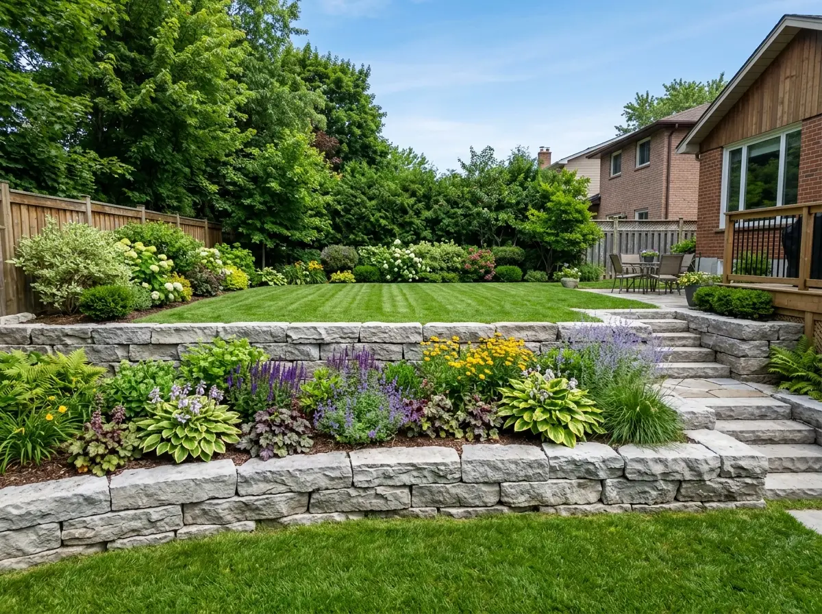 Completed premium natural stone retaining wall in an Ontario backyard