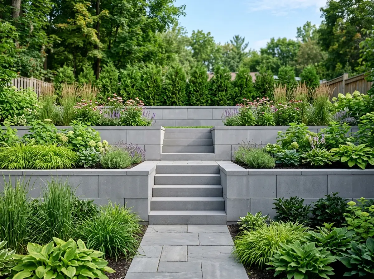 Curved side-yard interlocking stone walkway