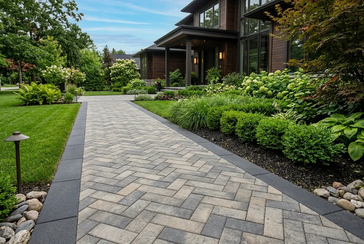 Detailed herringbone interlocking stone pattern