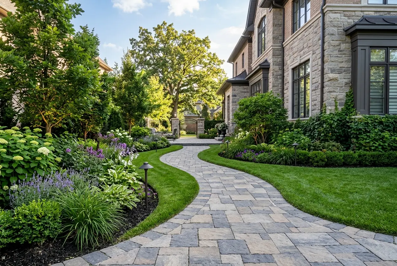 Curved side-yard interlocking stone walkway