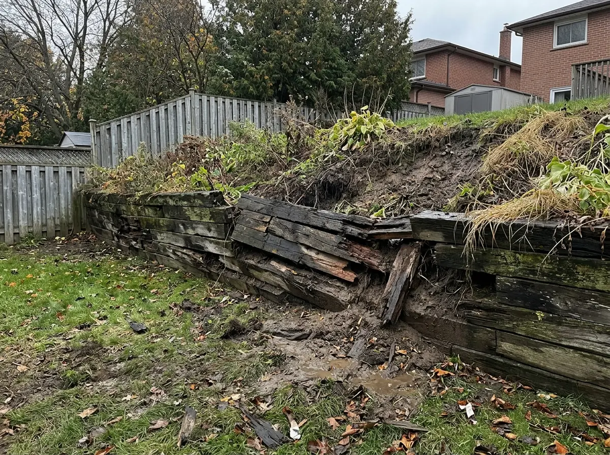 A failing residential retaining wall bowing under pressure
