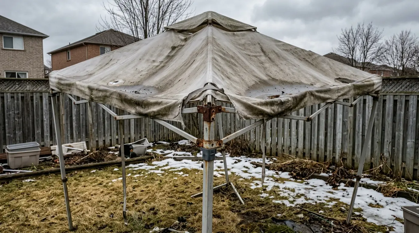 Weathered and broken prefab gazebo kit